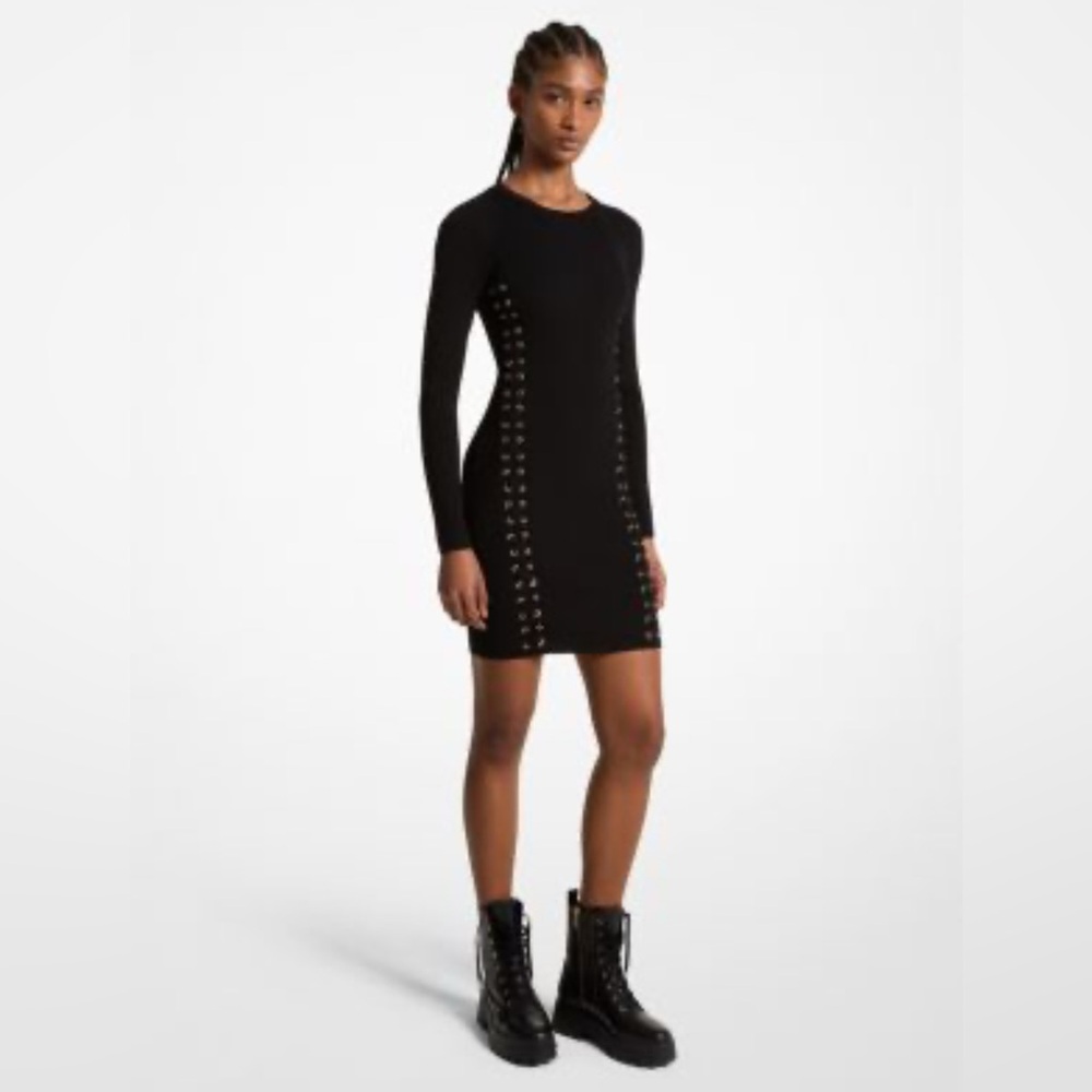 Michael Kors Ribbed Stretch Knit Lace-Up Dress Size MED MSRP $355 NWT